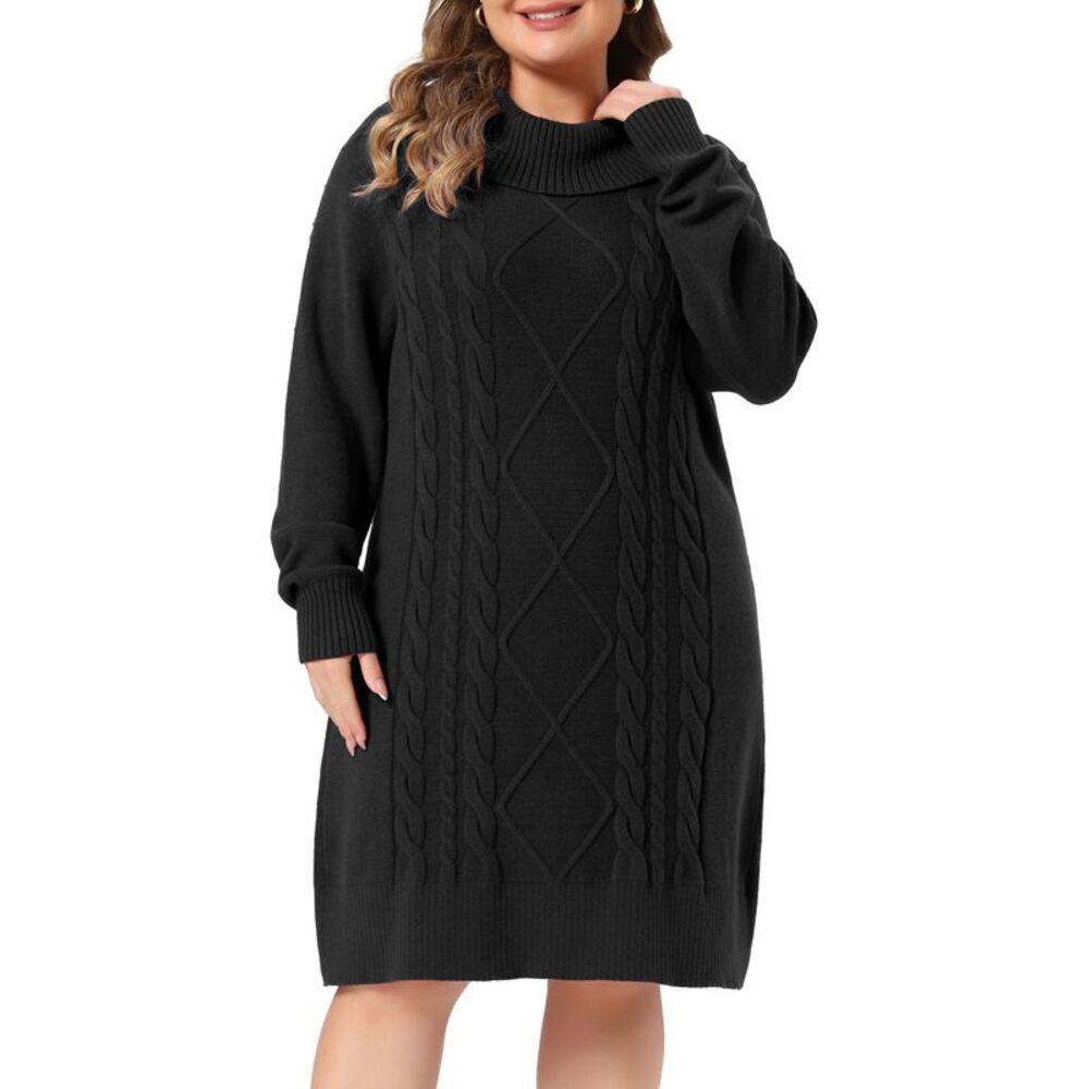 Women Plus Size Turtleneck Cable Knit Winter Sweater Dresses Black